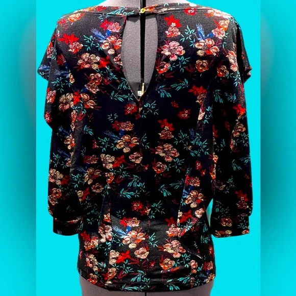 NWOT Free People Black Floral Print Boat Neck Ruffled Top Size XS - Picture 3 of 6